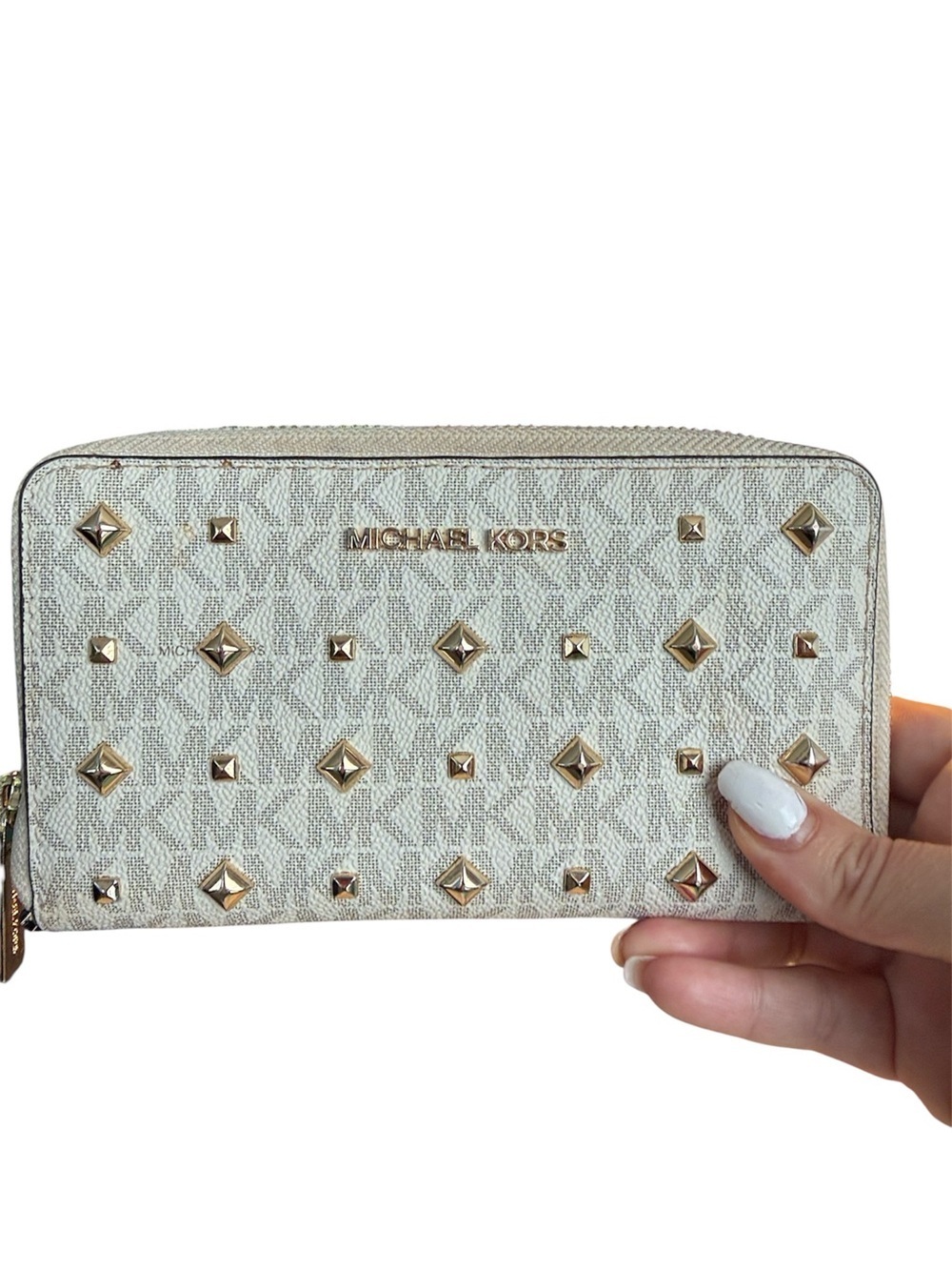 Michael Kors Beige Logo Studded Zip Wallet around gold MK designer clutch